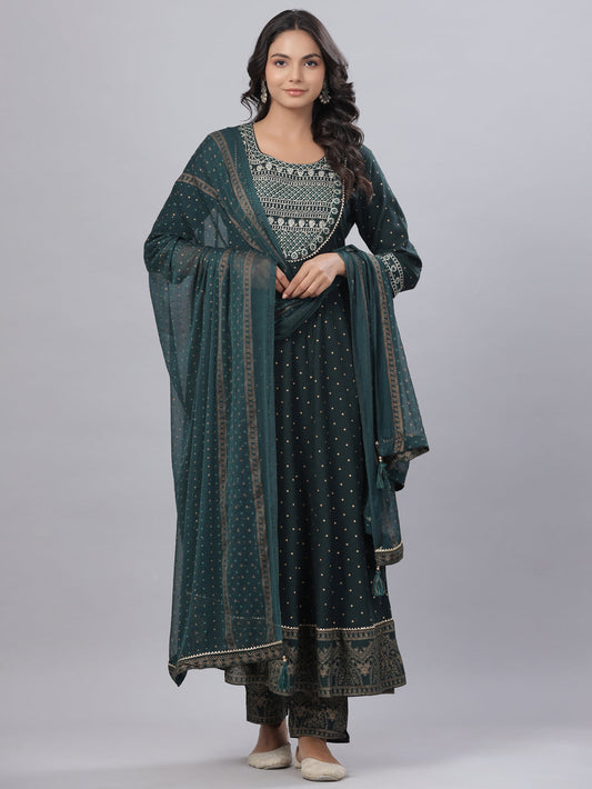 Juniper Women's Bottle Green Rayon Printed Embroidered A-Line Kurta Pant Set