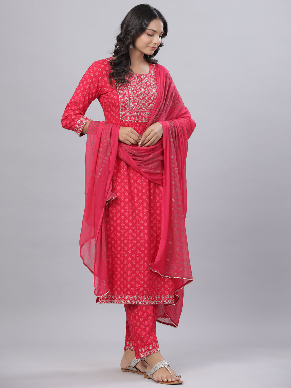 Juniper Women's Fuchsia Rayon Printed Embroidered A-Line Kurta Pant Set