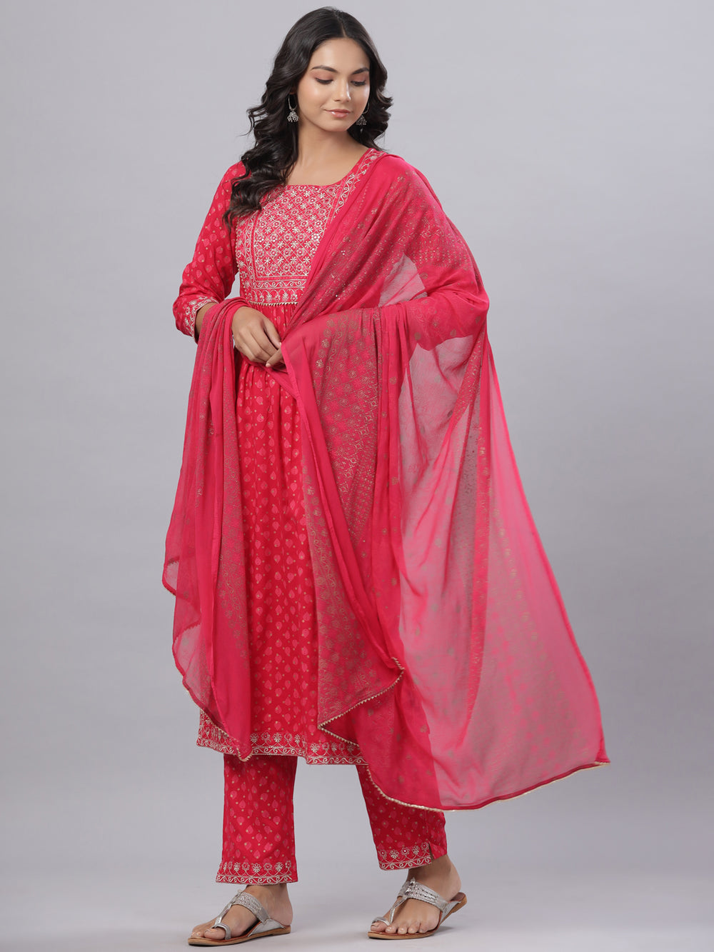 Juniper Women's Fuchsia Rayon Printed Embroidered A-Line Kurta Pant Set
