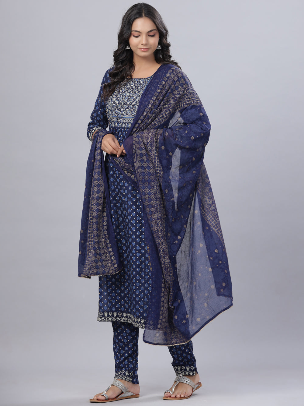 Juniper Women's Navy Blue Rayon Printed Embroidered A-Line Kurta Pant Set