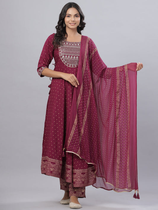 Juniper Women's Mauve Rayon Printed Embroidered A-Line Kurta Pant Set