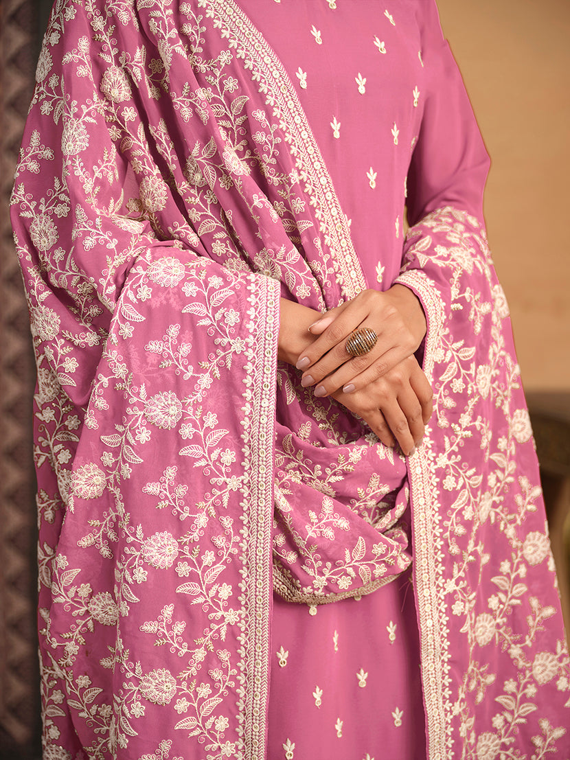Monjolika Fashion Faux Georgette Embroidered Trendy Salwar Suit In Pink