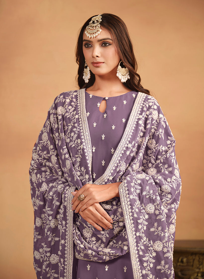 Monjolika Fashion Faux Georgette Embroidered Trendy Salwar Suit In Lavender