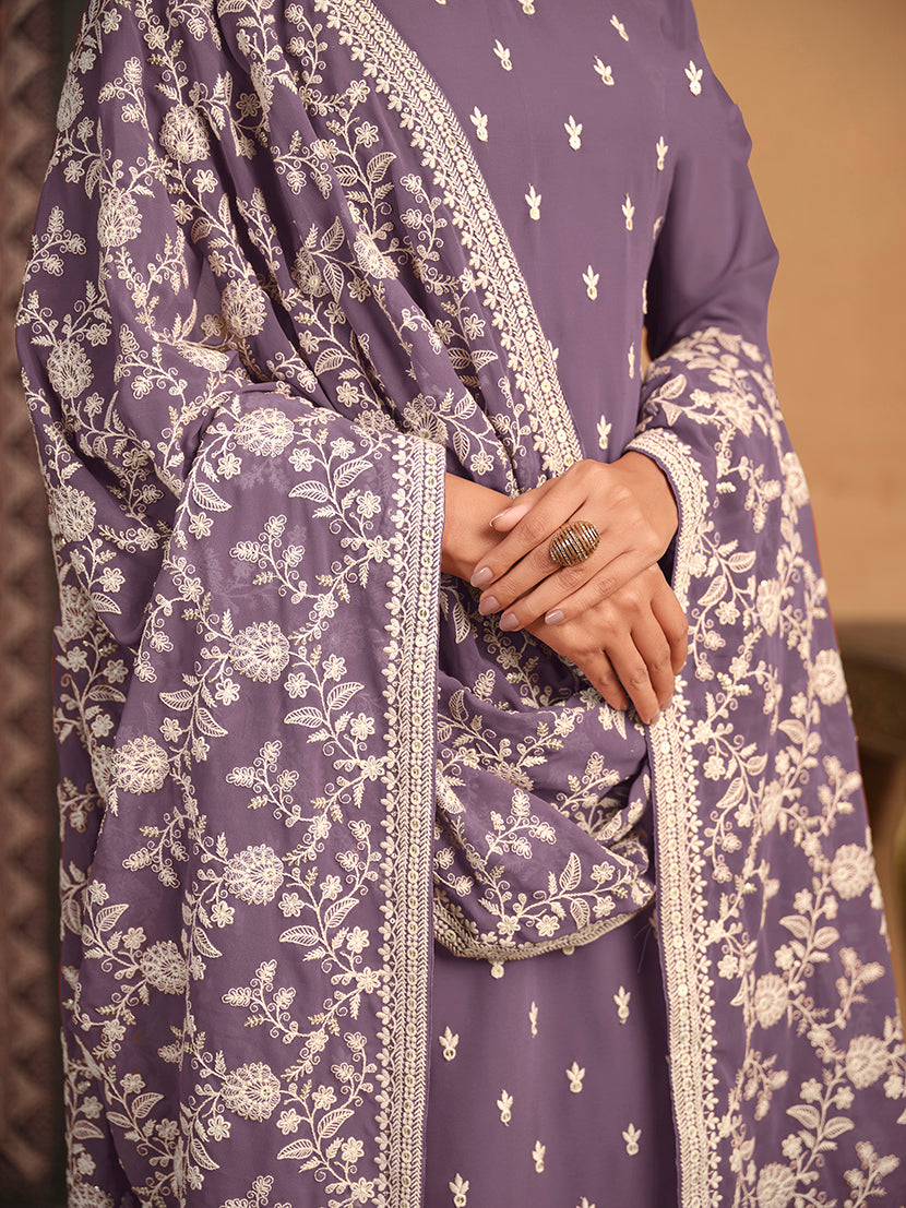 Monjolika Fashion Faux Georgette Embroidered Trendy Salwar Suit In Lavender