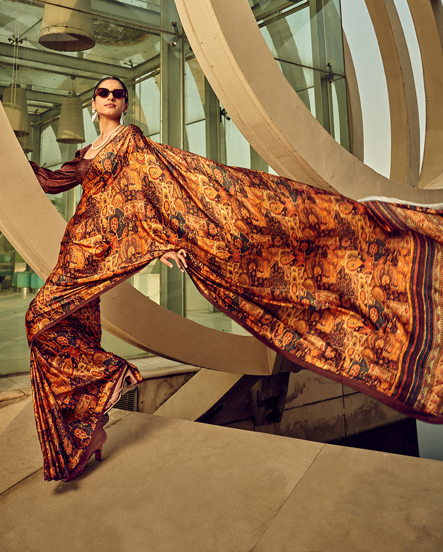 Monjolika Fashion Multicolor Digital Print Satin Trendy Saree