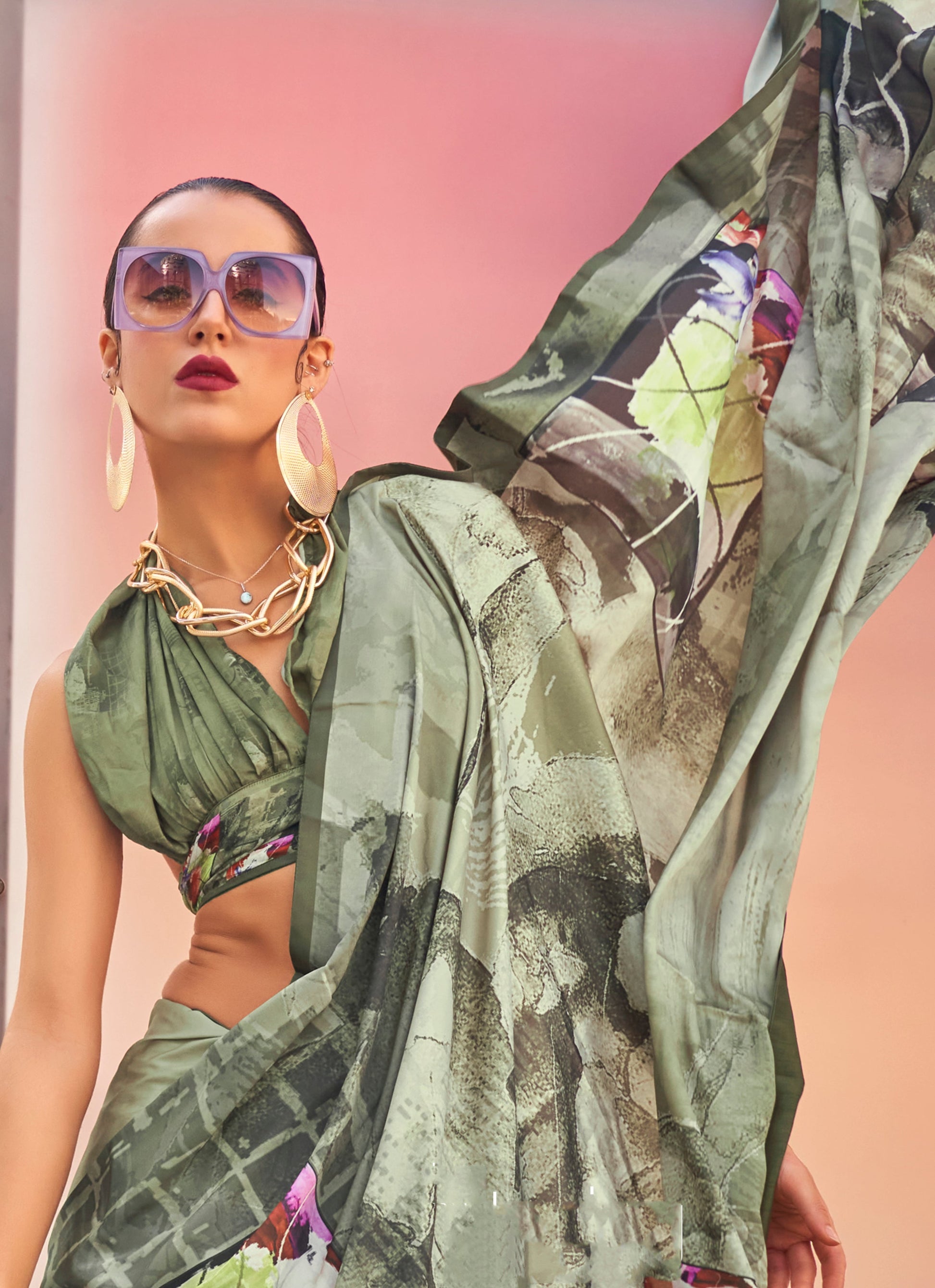 Monjolika Fashion Light Olive Color Swiss Satin Printed Saree With Blouse