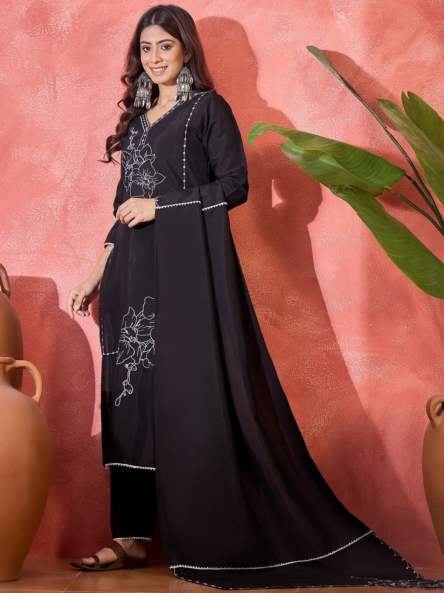 Joban Fashion Black Silk Embroidery Readymade Kurta Set