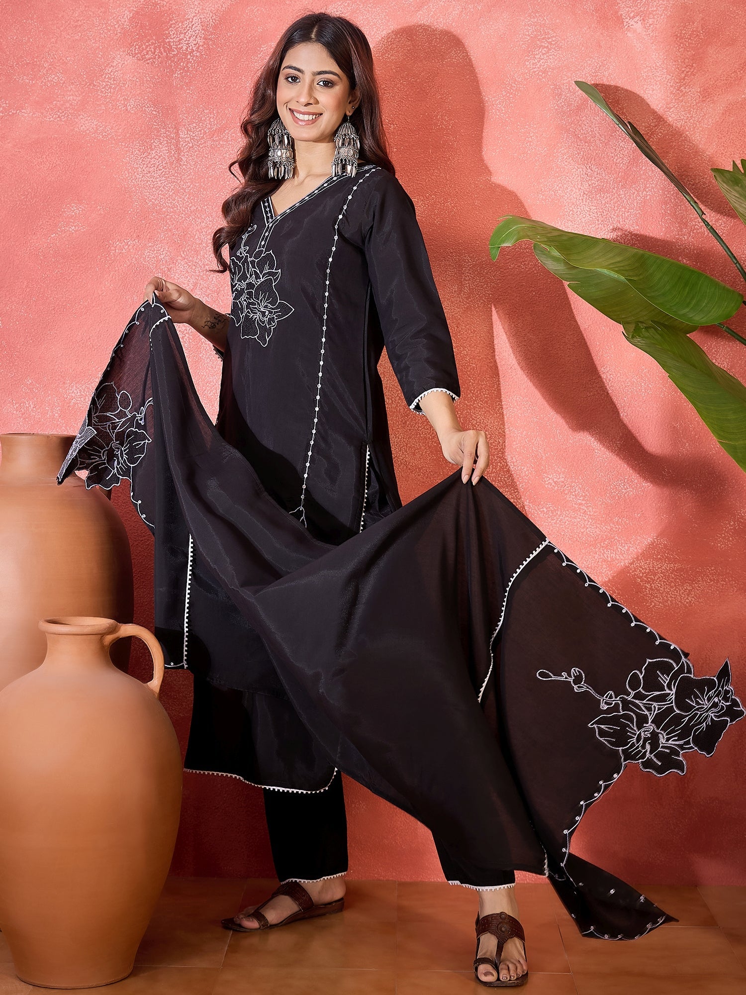Joban Fashion Black Silk Embroidery Readymade Kurta Set