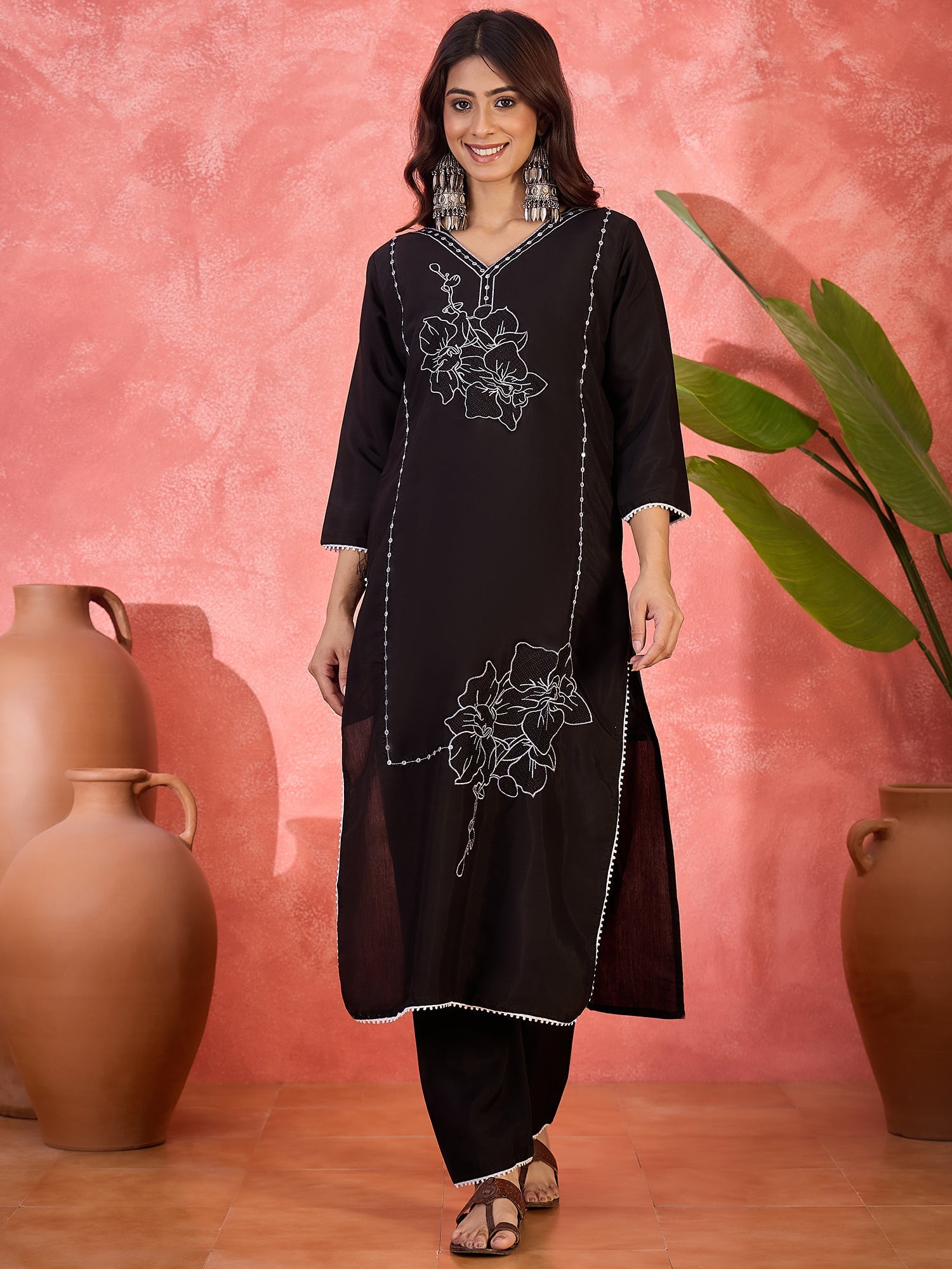 Joban Fashion Black Silk Embroidery Readymade Kurta Set
