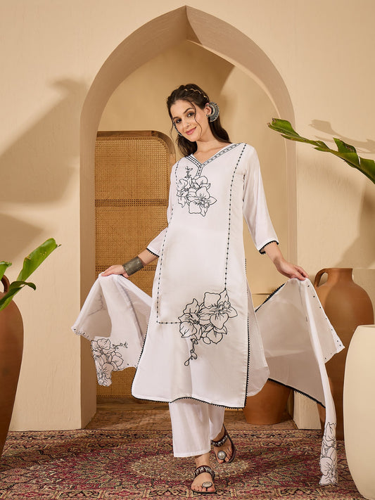 Joban Fashion White Silk Embroidery Readymade Kurta Set
