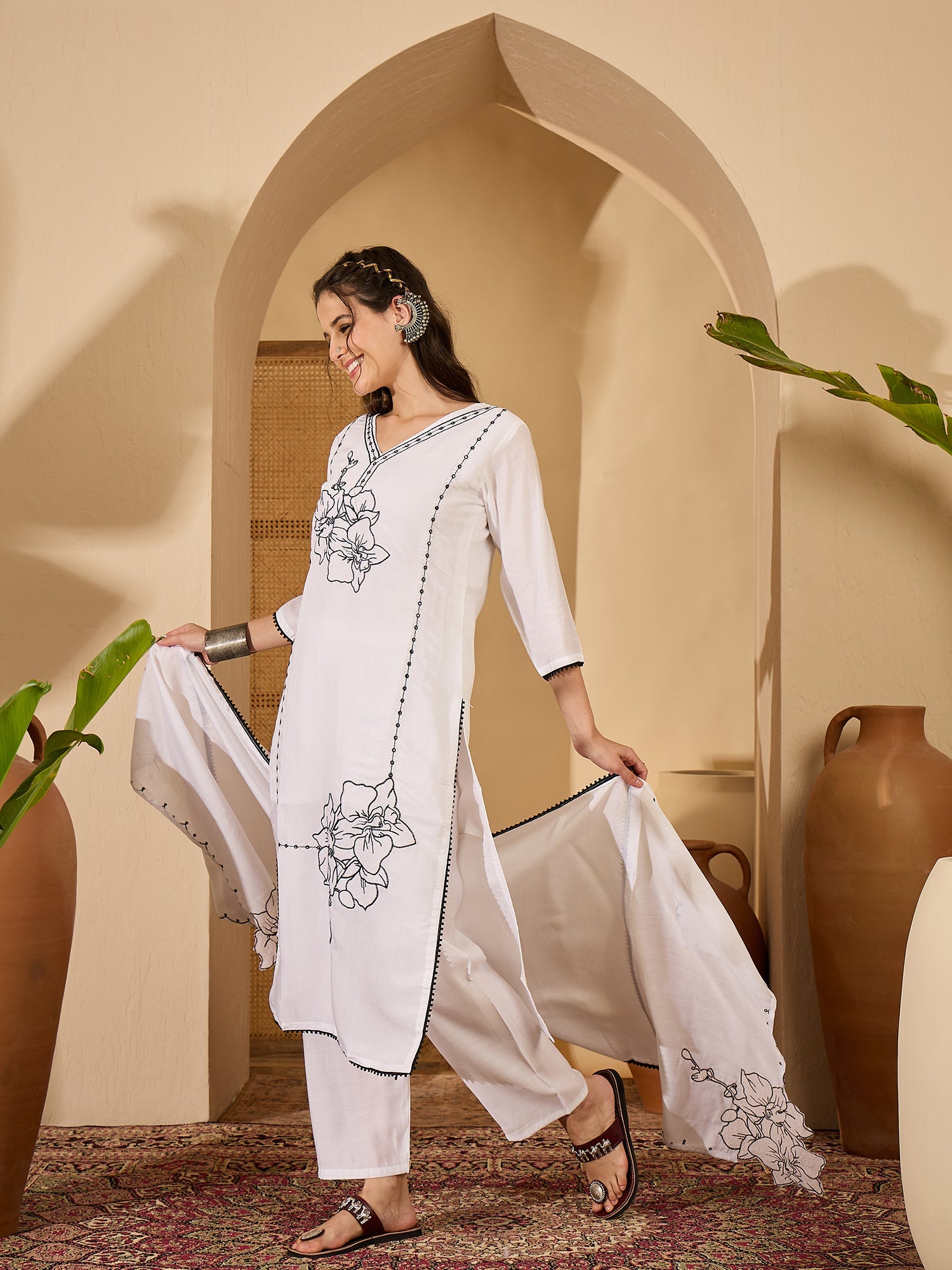 Joban Fashion White Silk Embroidery Readymade Kurta Set