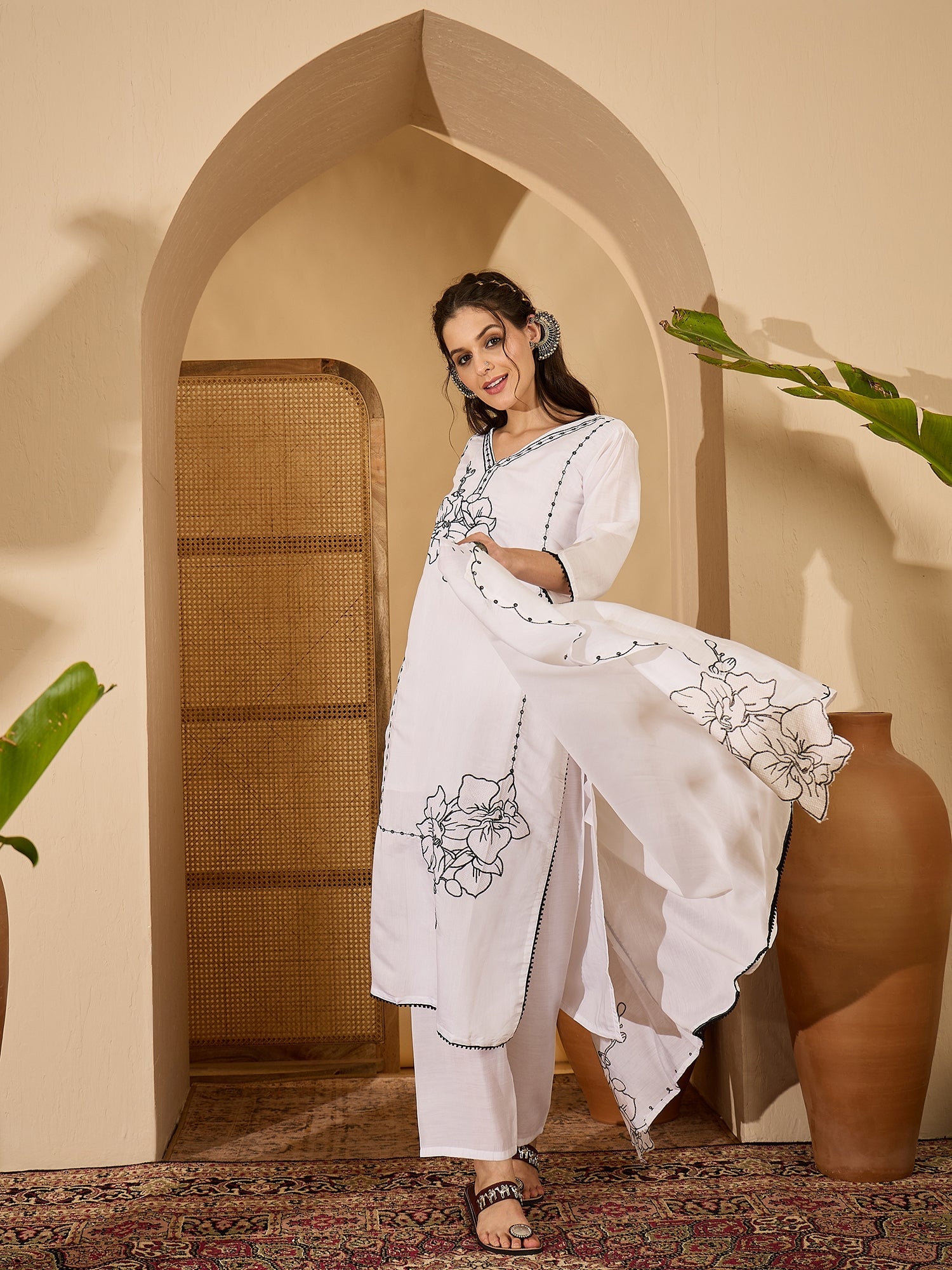 Joban Fashion White Silk Embroidery Readymade Kurta Set