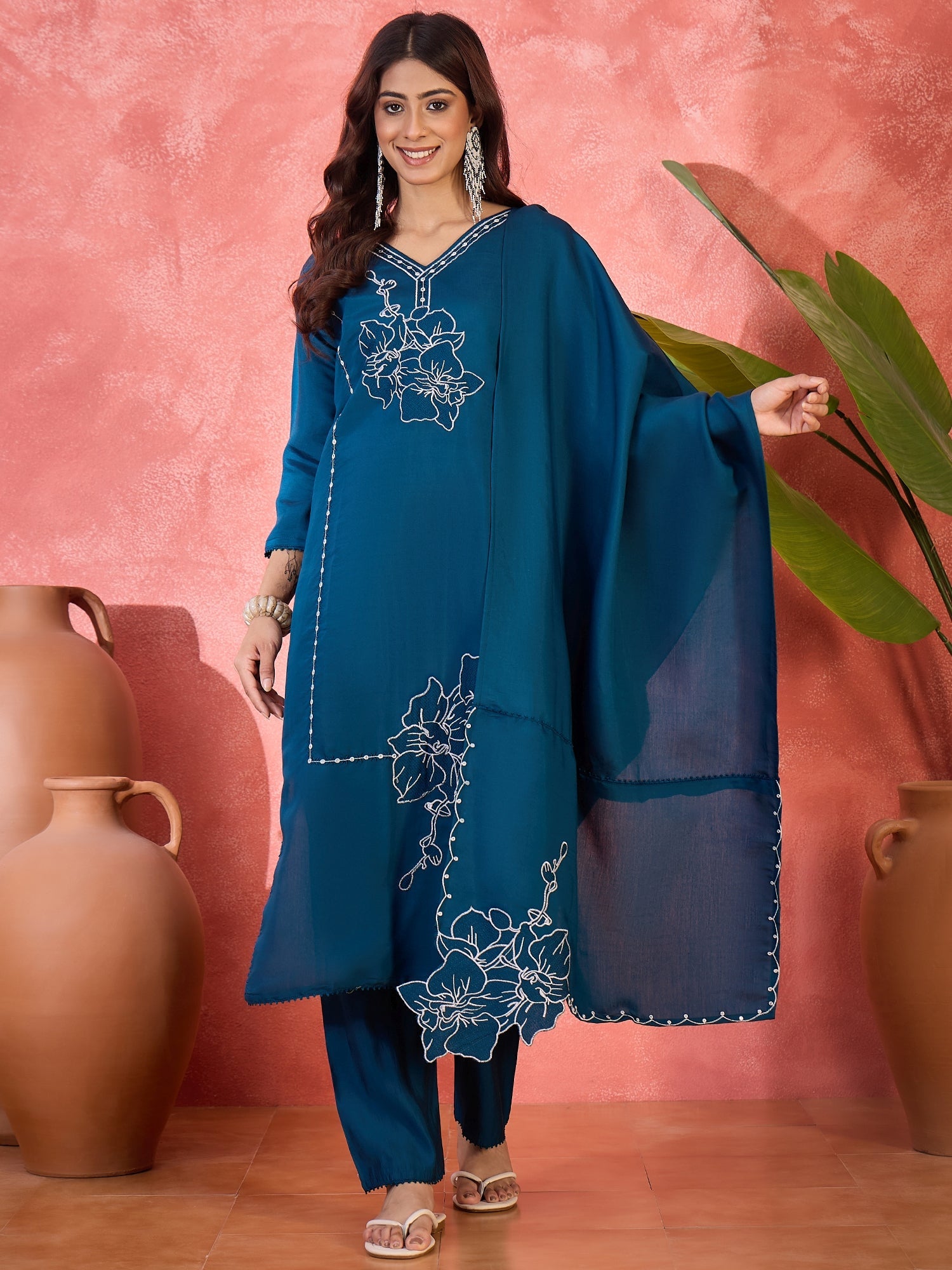 Joban Fashion Teal Silk Embroidery Readymade Kurta Set