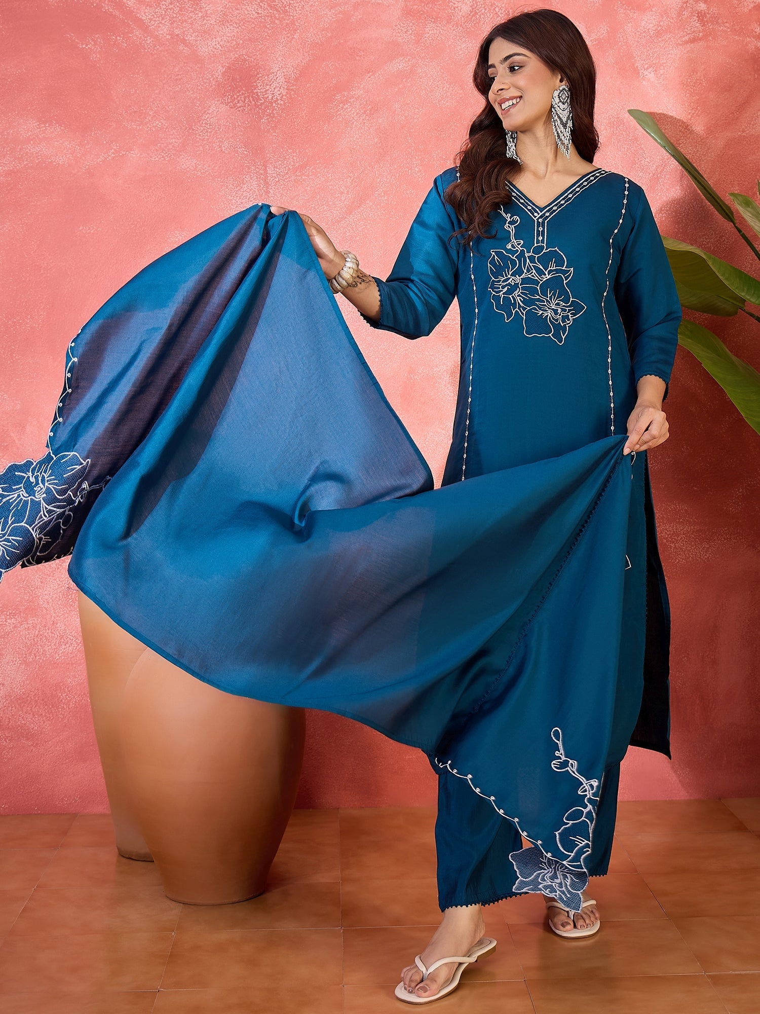 Joban Fashion Teal Silk Embroidery Readymade Kurta Set