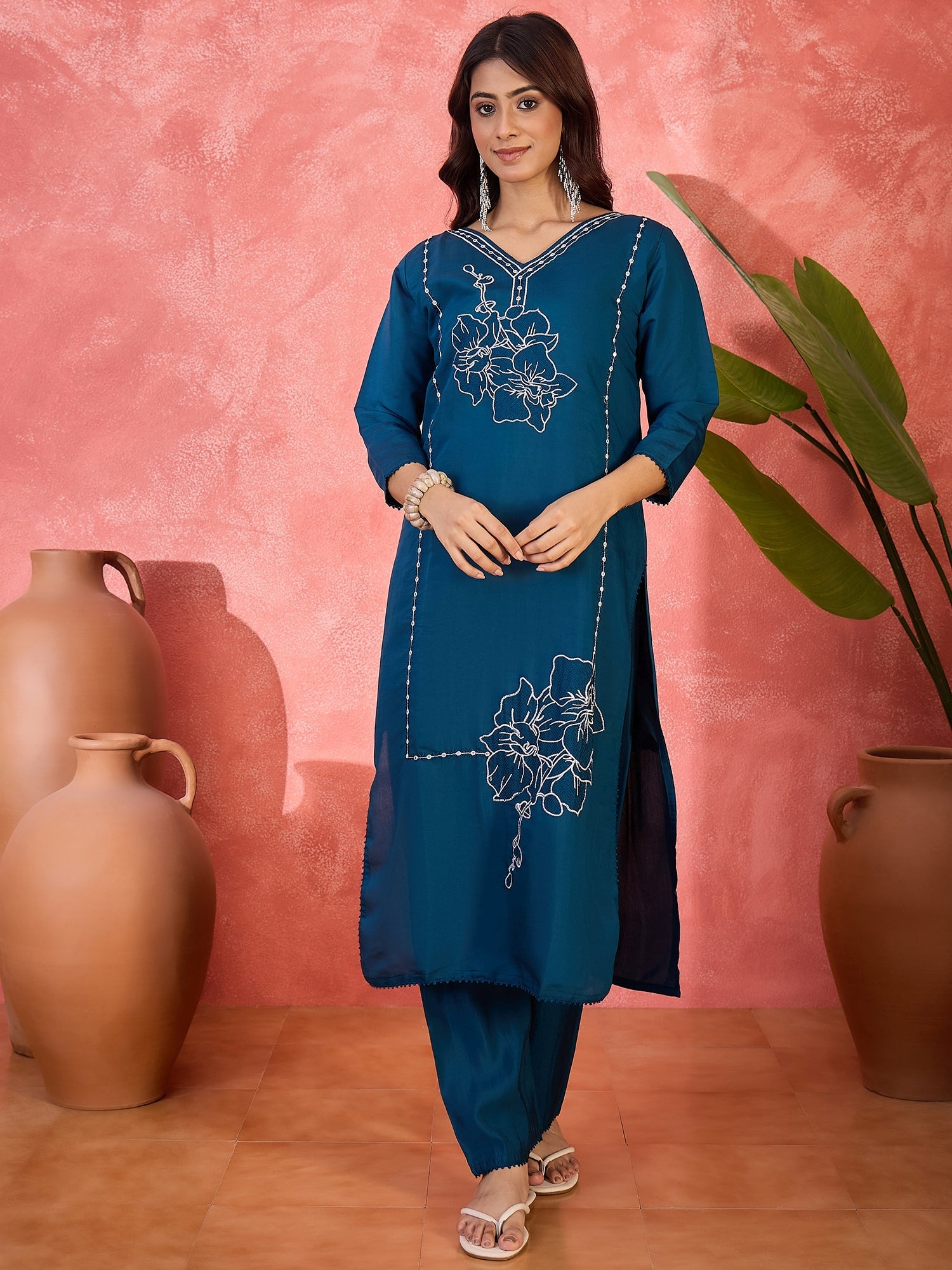 Joban Fashion Teal Silk Embroidery Readymade Kurta Set