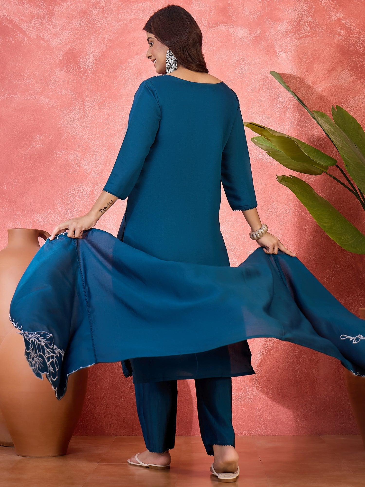 Joban Fashion Teal Silk Embroidery Readymade Kurta Set