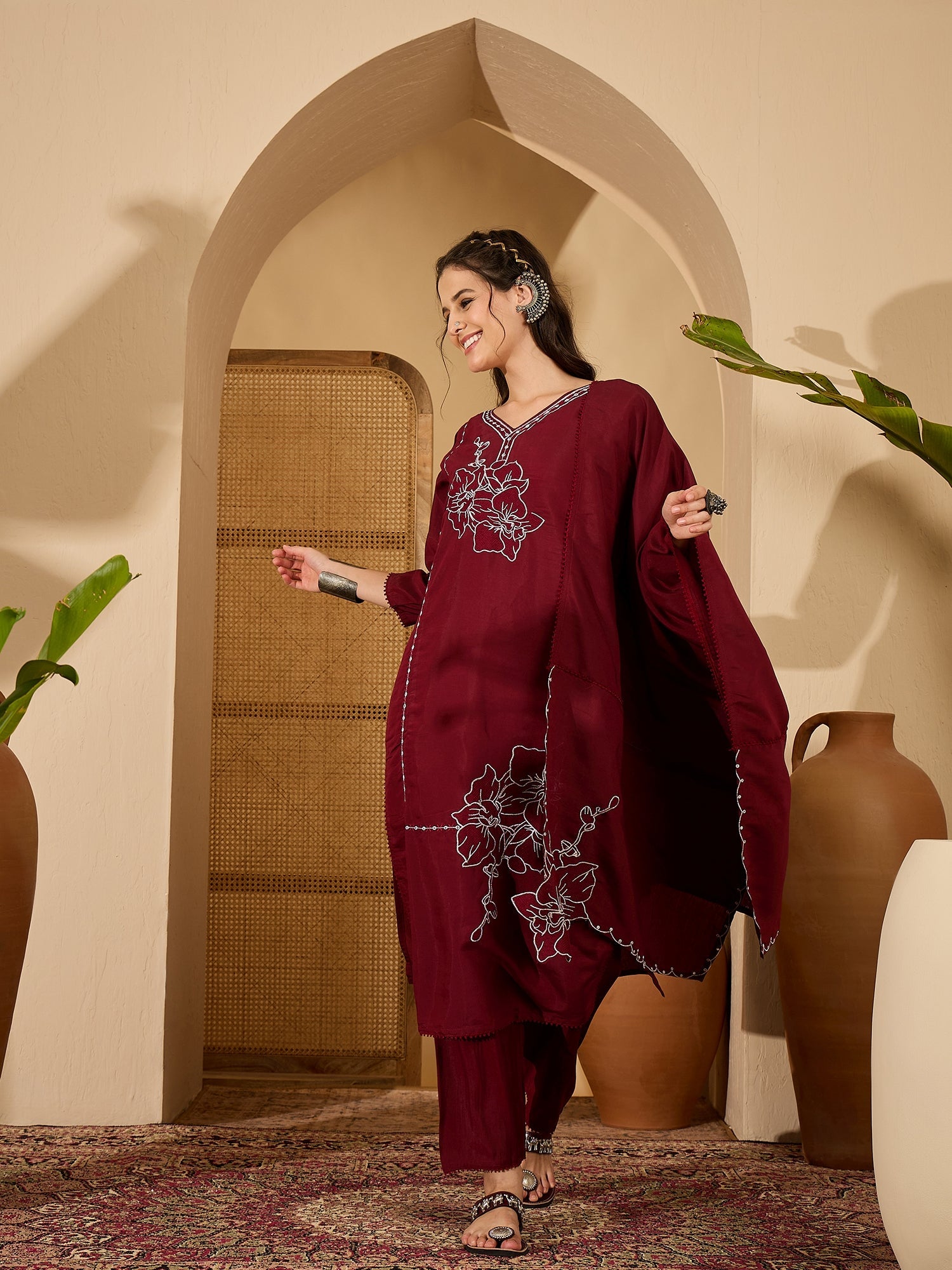 Joban Fashion Maroon Silk Embroidery Readymade Kurta Set