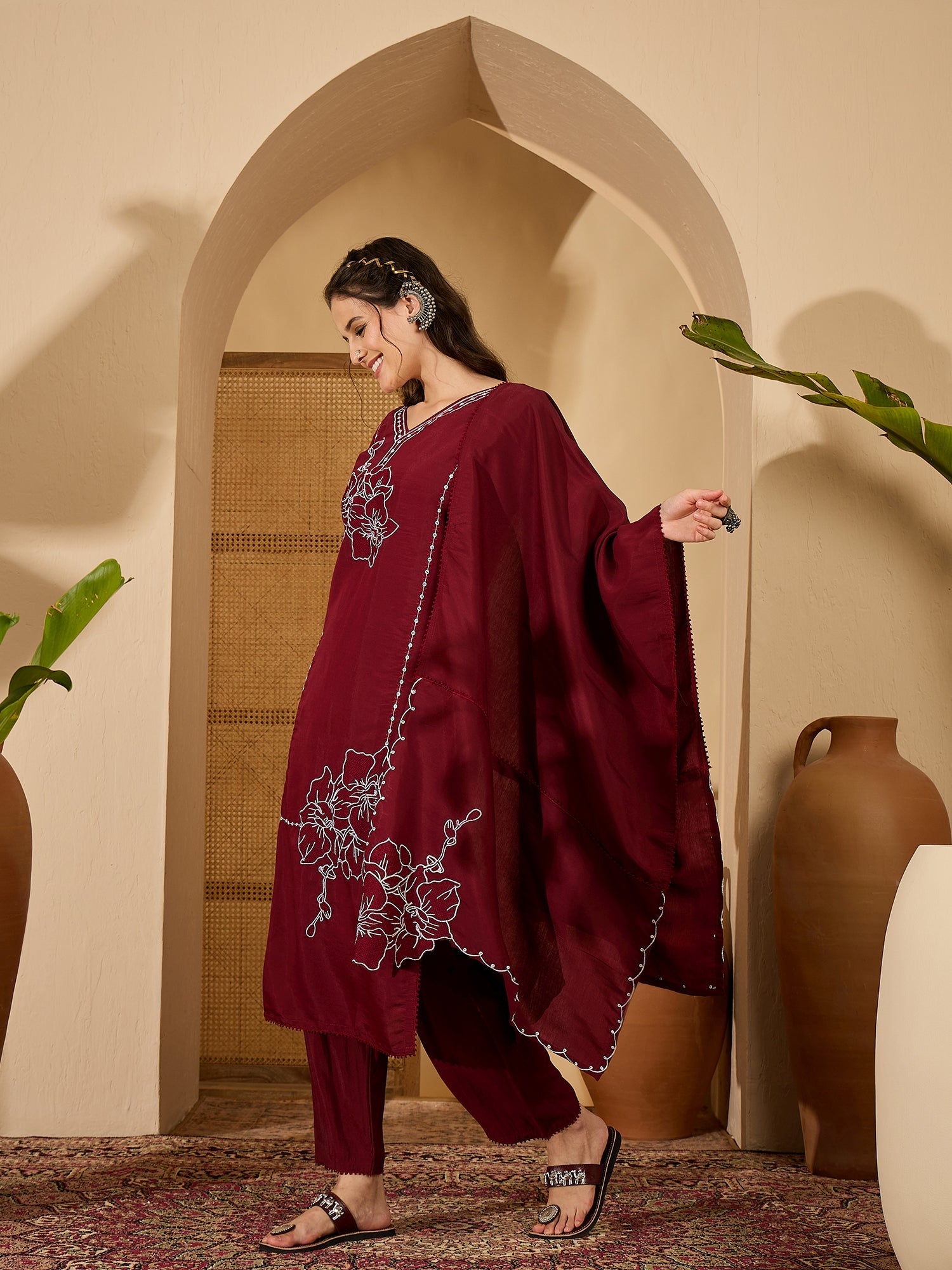 Joban Fashion Maroon Silk Embroidery Readymade Kurta Set