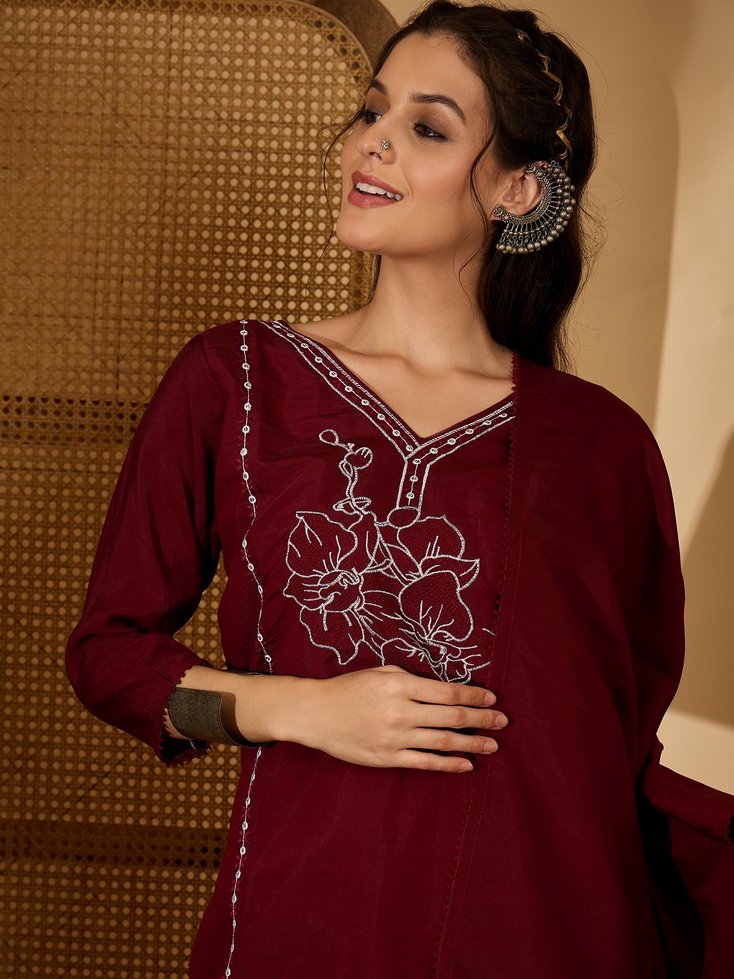 Joban Fashion Maroon Silk Embroidery Readymade Kurta Set