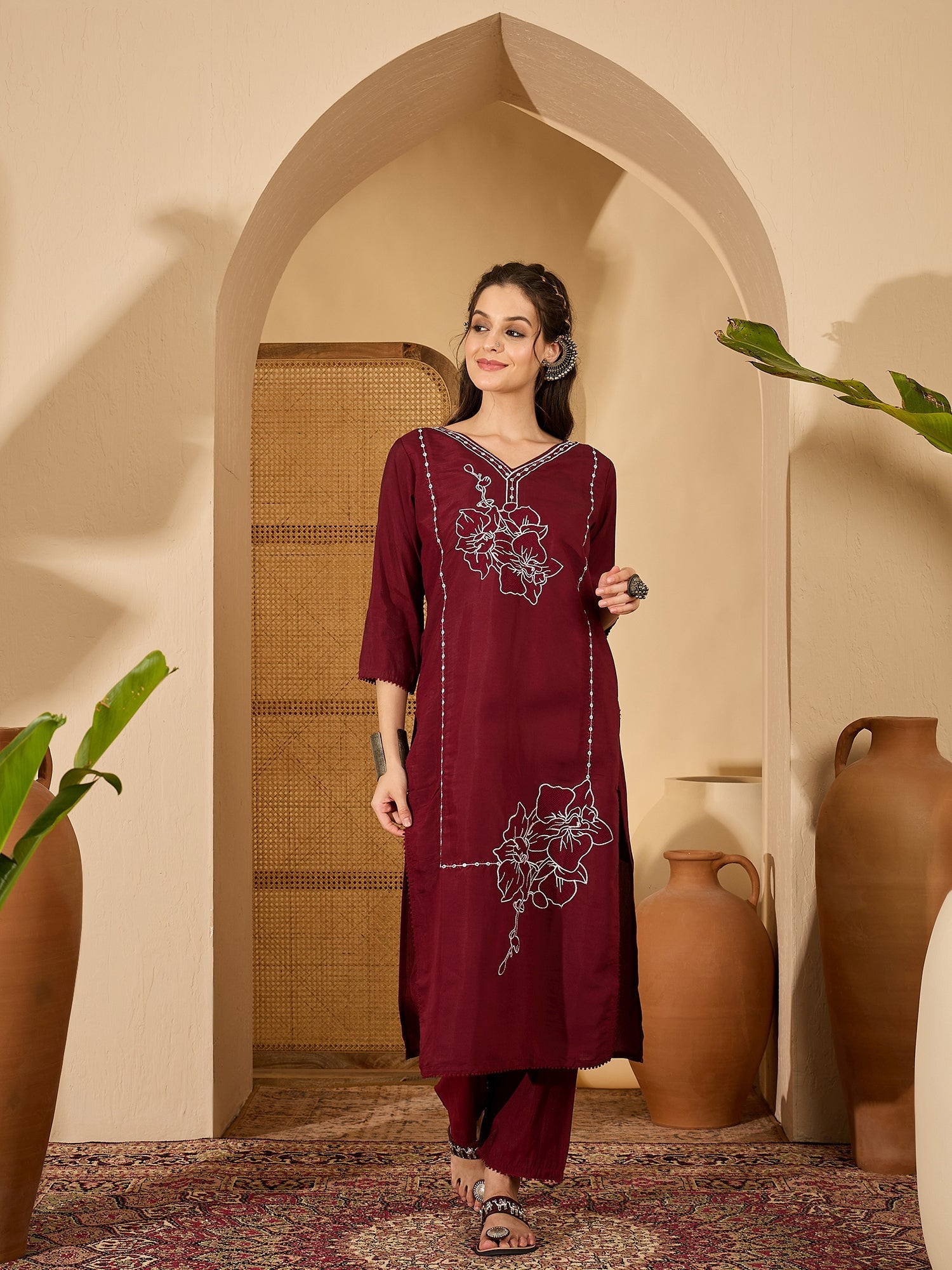 Joban Fashion Maroon Silk Embroidery Readymade Kurta Set