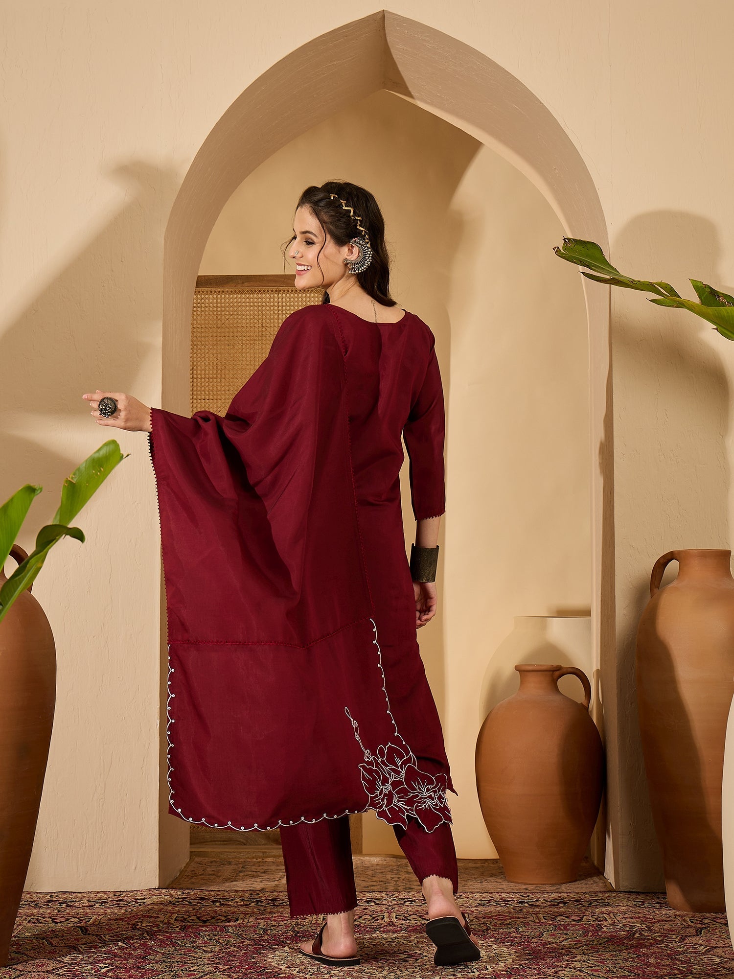 Joban Fashion Maroon Silk Embroidery Readymade Kurta Set