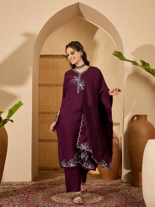 Joban Fashion Purple Silk Embroidery Readymade Kurta Set