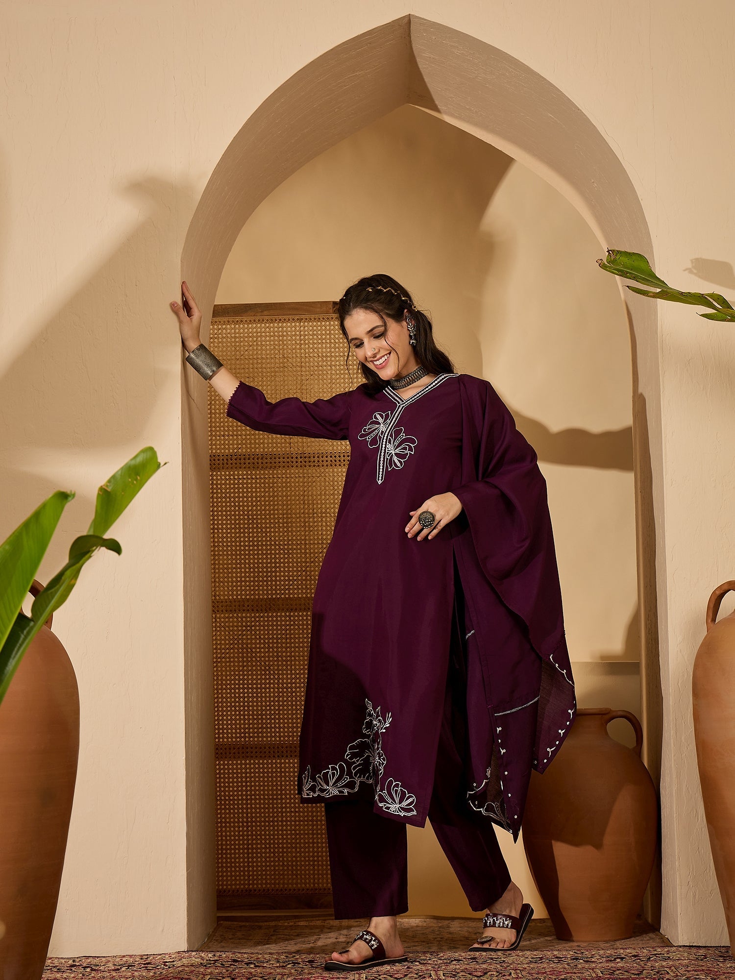 Joban Fashion Purple Silk Embroidery Readymade Kurta Set