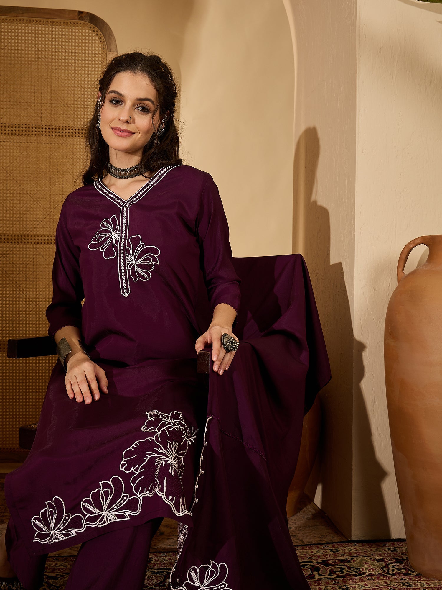 Joban Fashion Purple Silk Embroidery Readymade Kurta Set