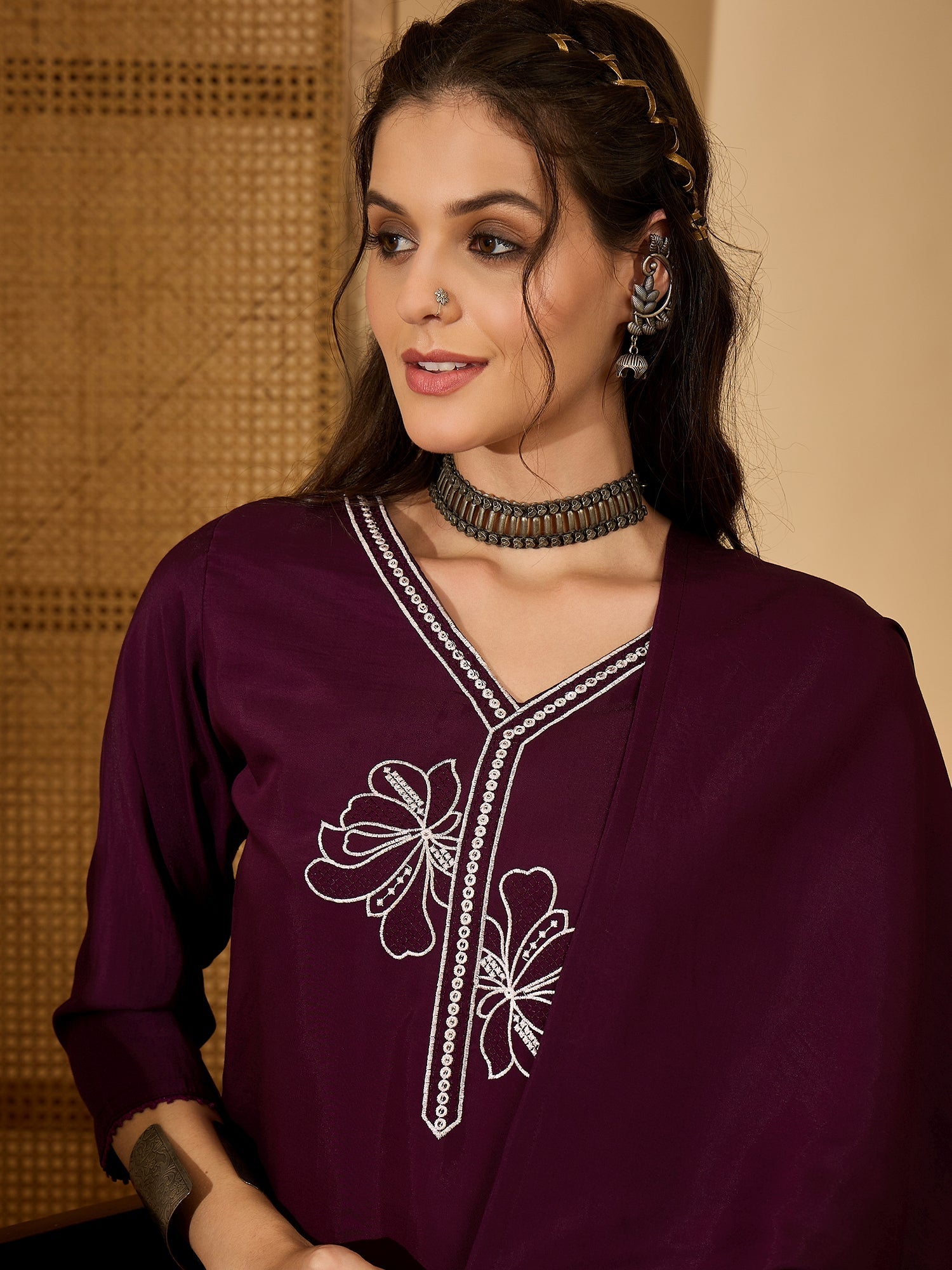 Joban Fashion Purple Silk Embroidery Readymade Kurta Set
