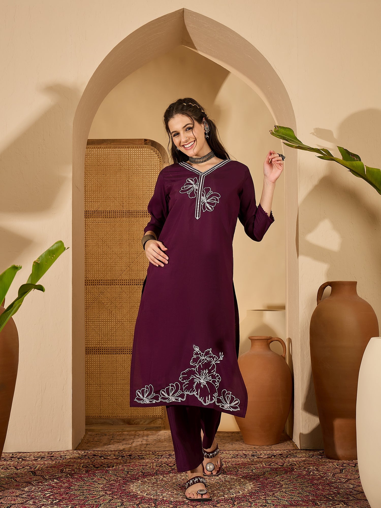 Joban Fashion Purple Silk Embroidery Readymade Kurta Set