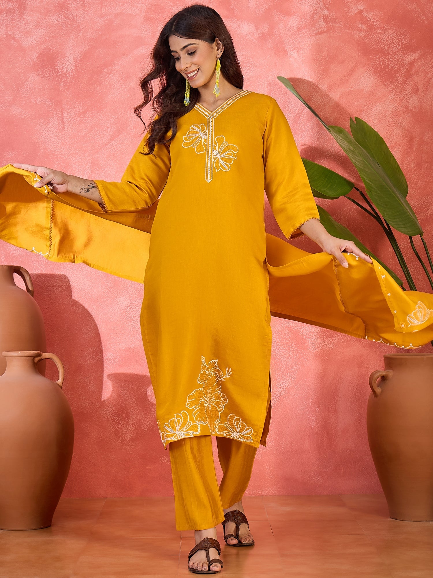 Joban Fashion Yellow Silk Embroidery Readymade Kurta Set