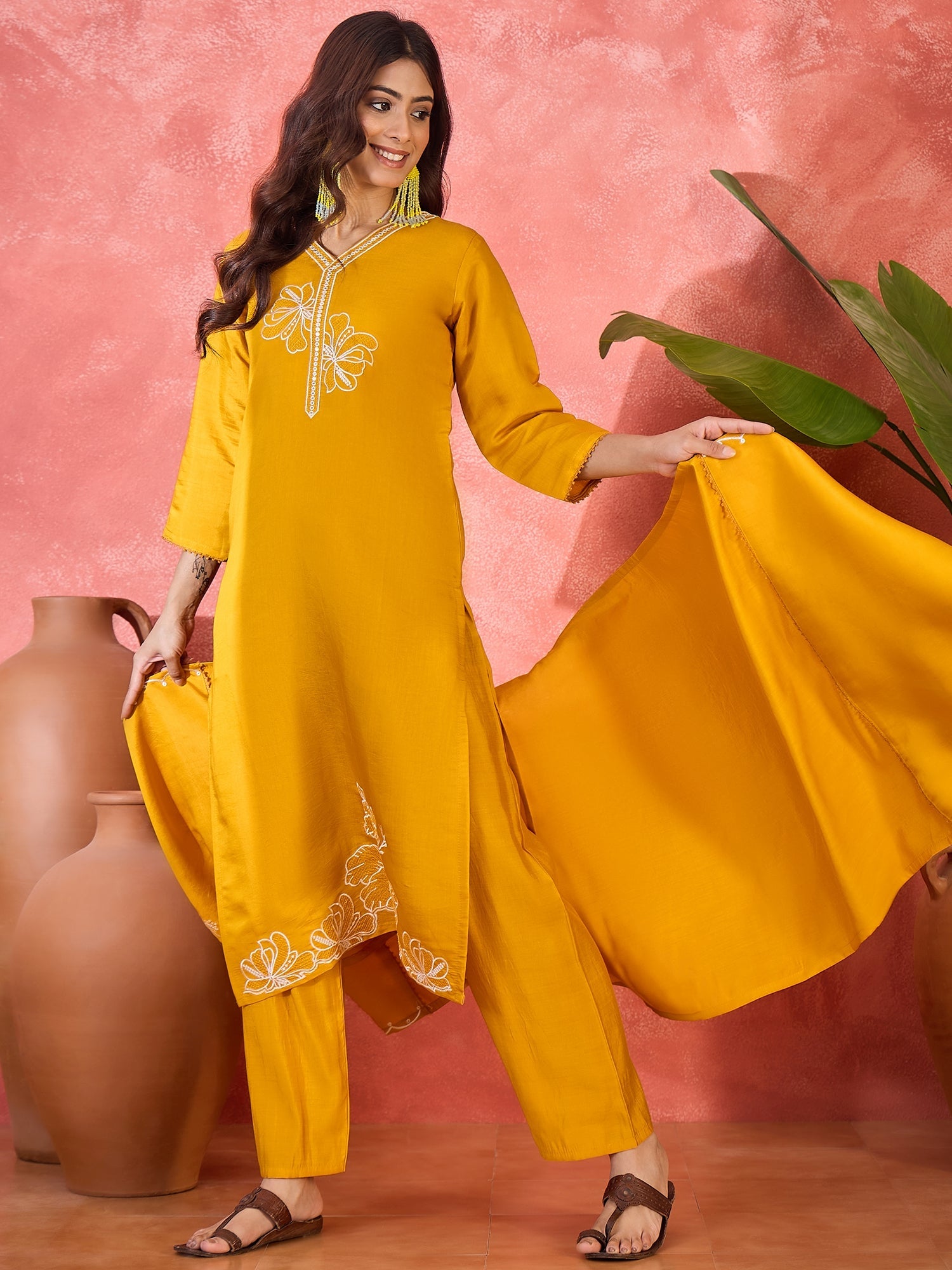 Joban Fashion Yellow Silk Embroidery Readymade Kurta Set
