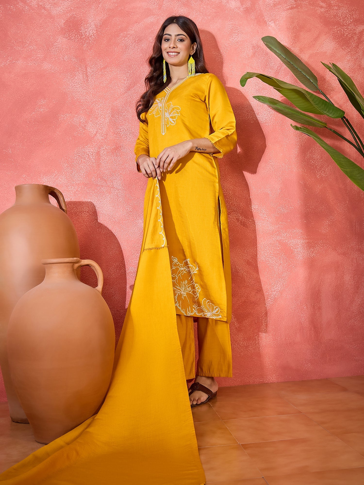 Joban Fashion Yellow Silk Embroidery Readymade Kurta Set