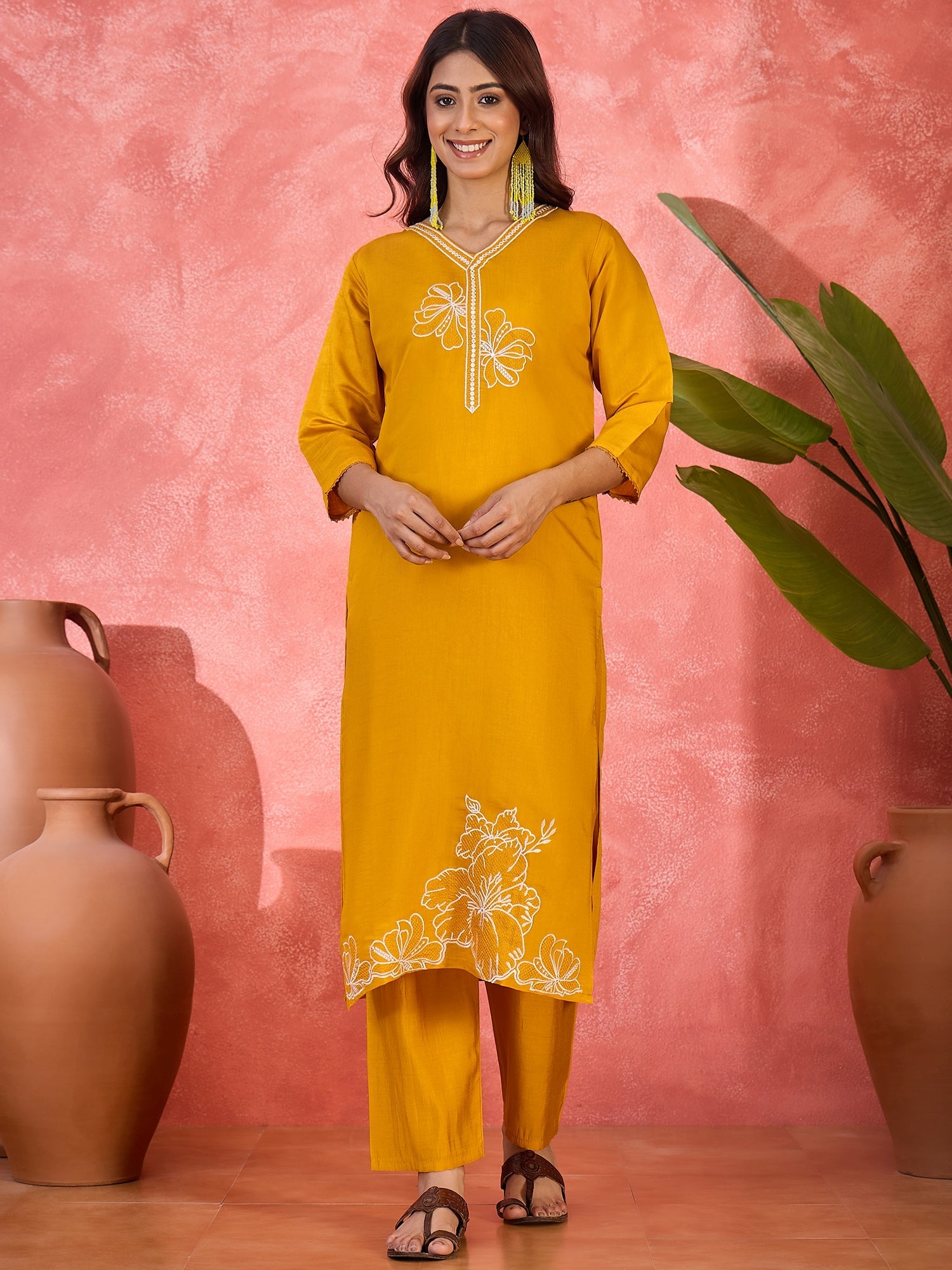 Joban Fashion Yellow Silk Embroidery Readymade Kurta Set