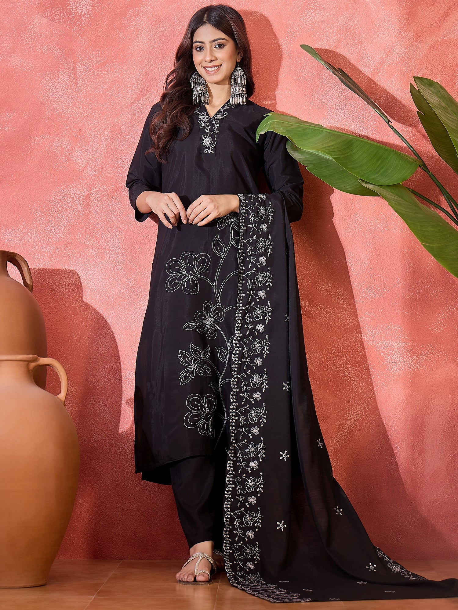 Joban Fashion Black Silk Embroidery Readymade Kurta Set