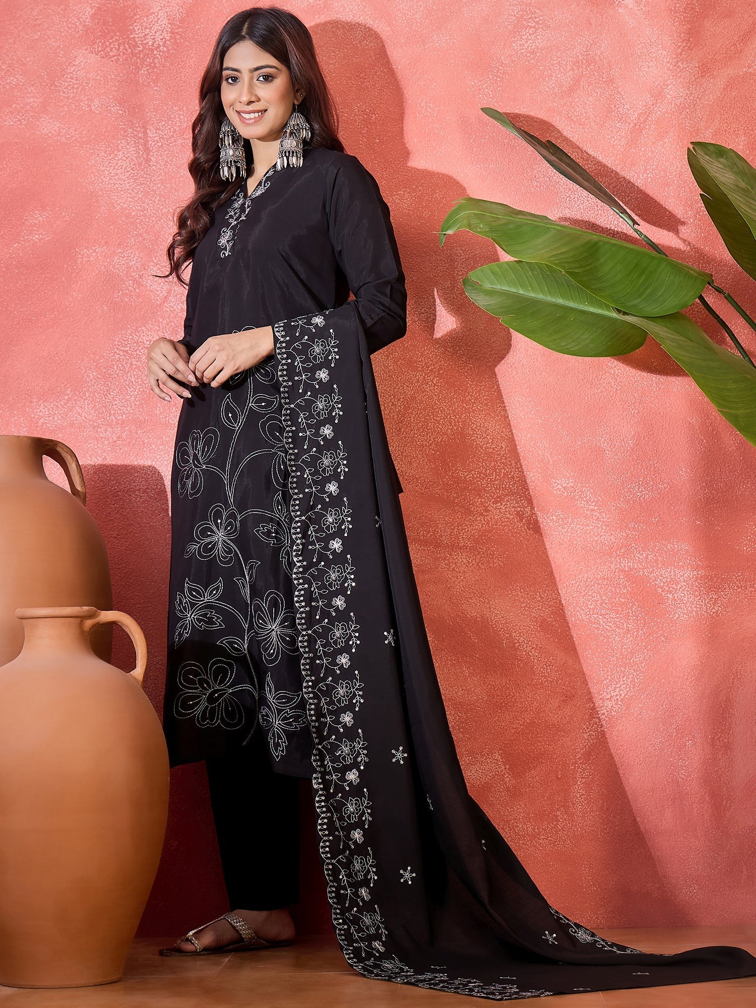 Joban Fashion Black Silk Embroidery Readymade Kurta Set