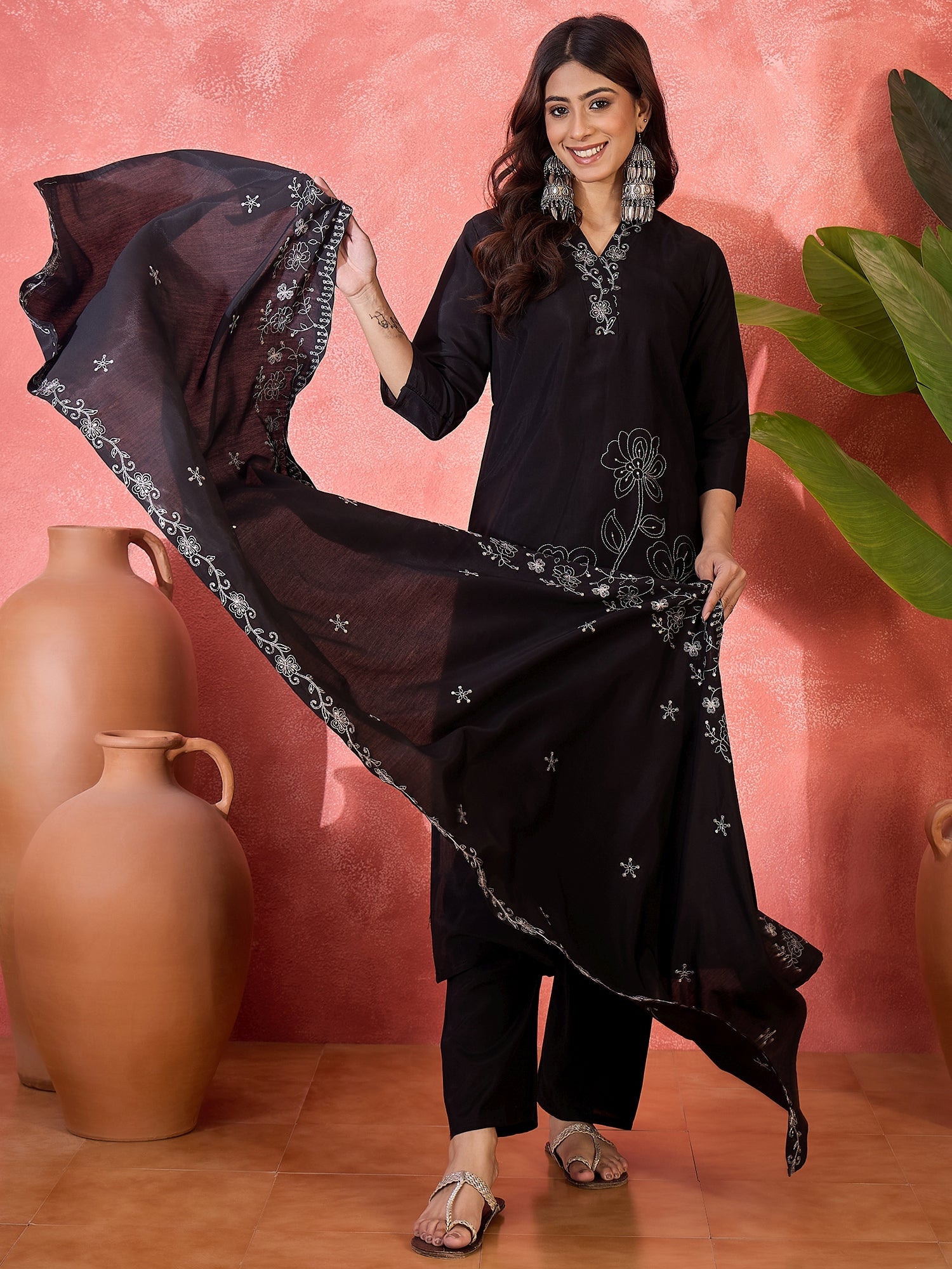 Joban Fashion Black Silk Embroidery Readymade Kurta Set