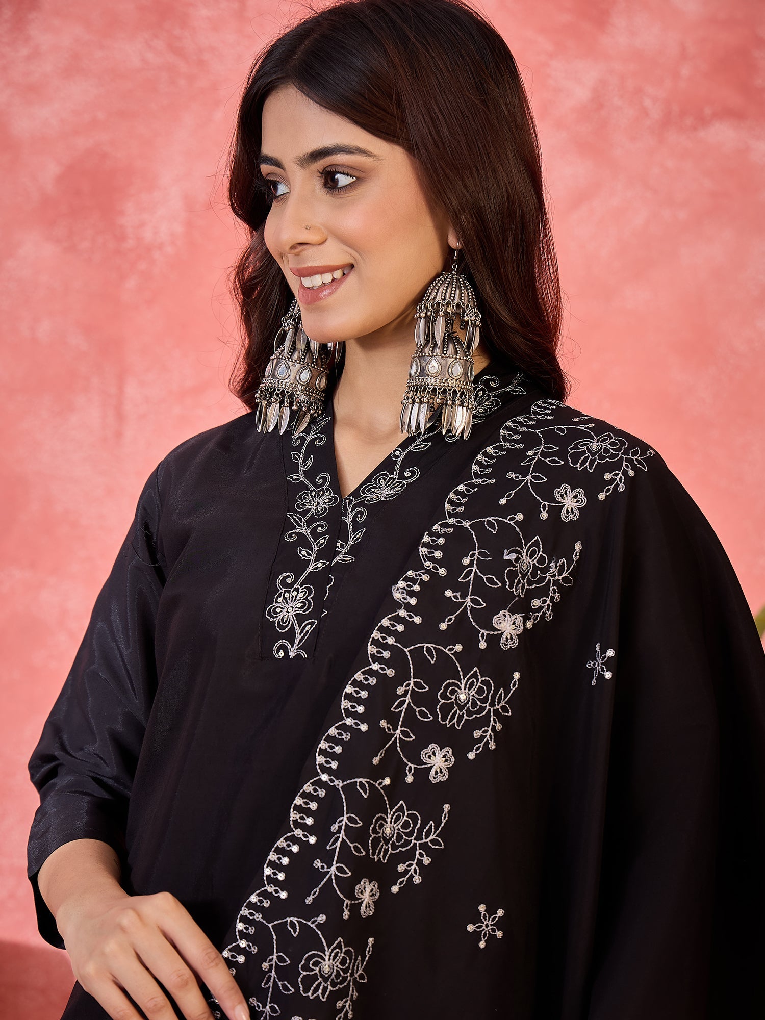 Joban Fashion Black Silk Embroidery Readymade Kurta Set