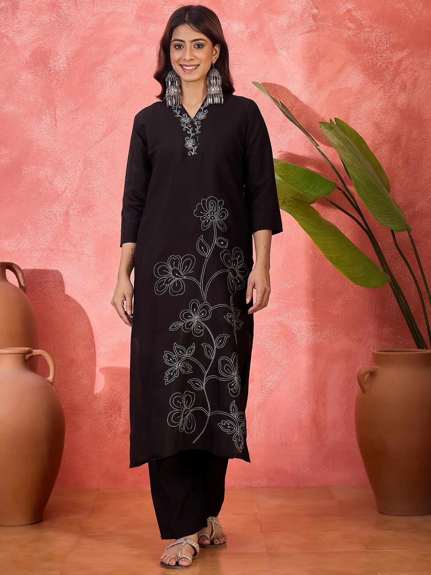 Joban Fashion Black Silk Embroidery Readymade Kurta Set