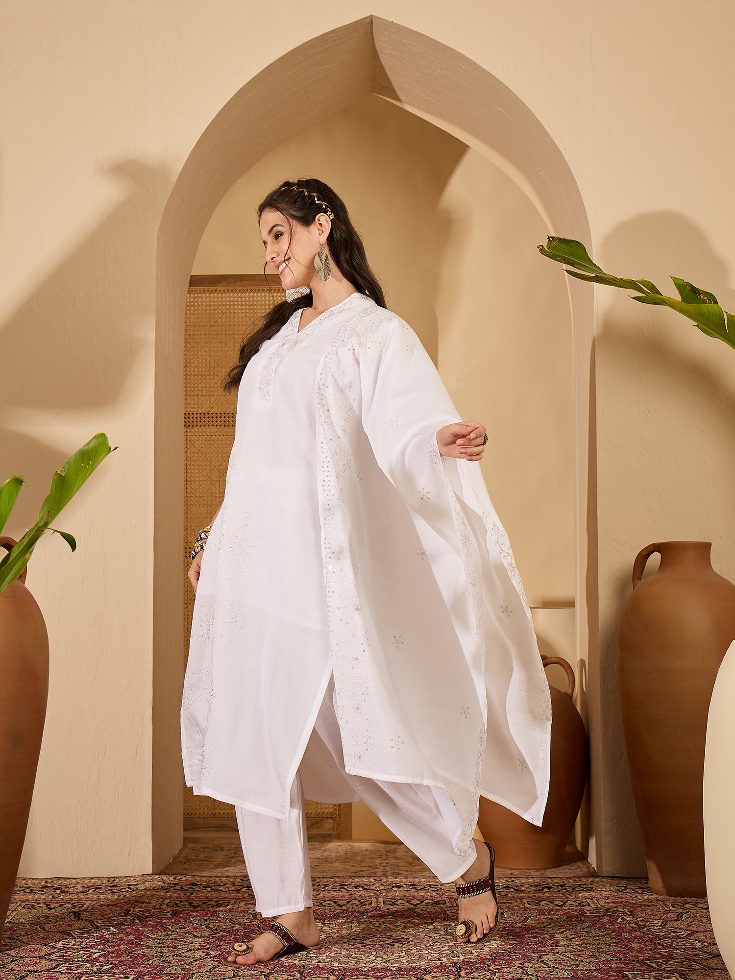 Joban Fashion White Silk Embroidery Readymade Kurta Set