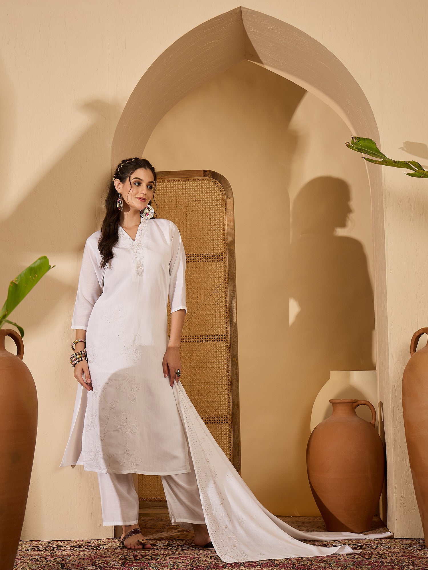 Joban Fashion White Silk Embroidery Readymade Kurta Set