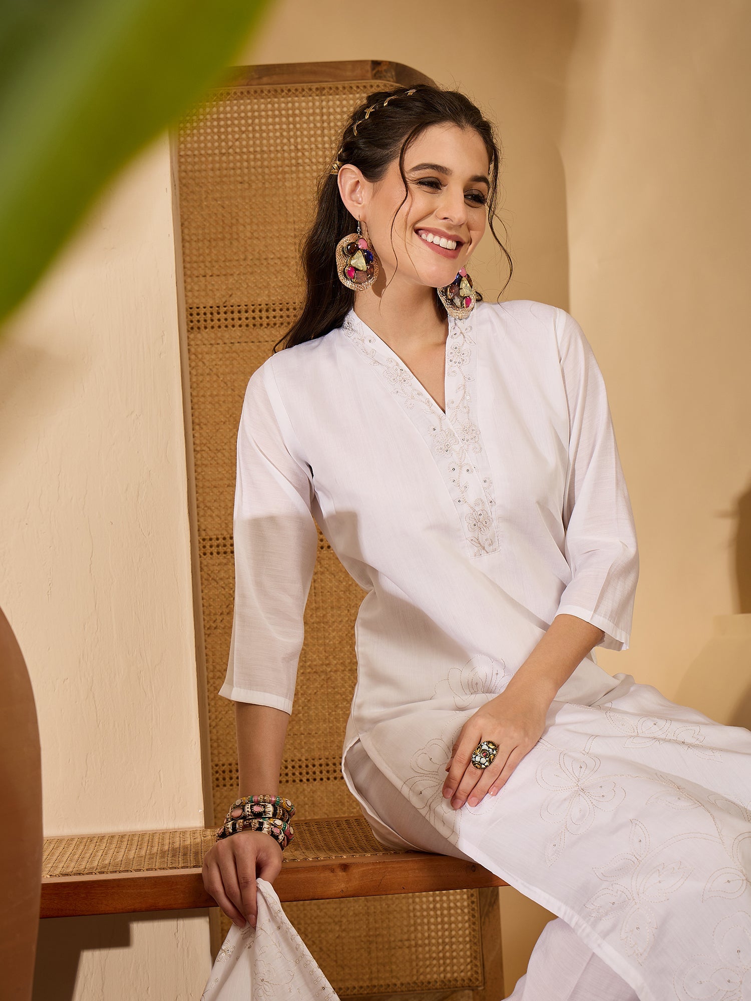 Joban Fashion White Silk Embroidery Readymade Kurta Set