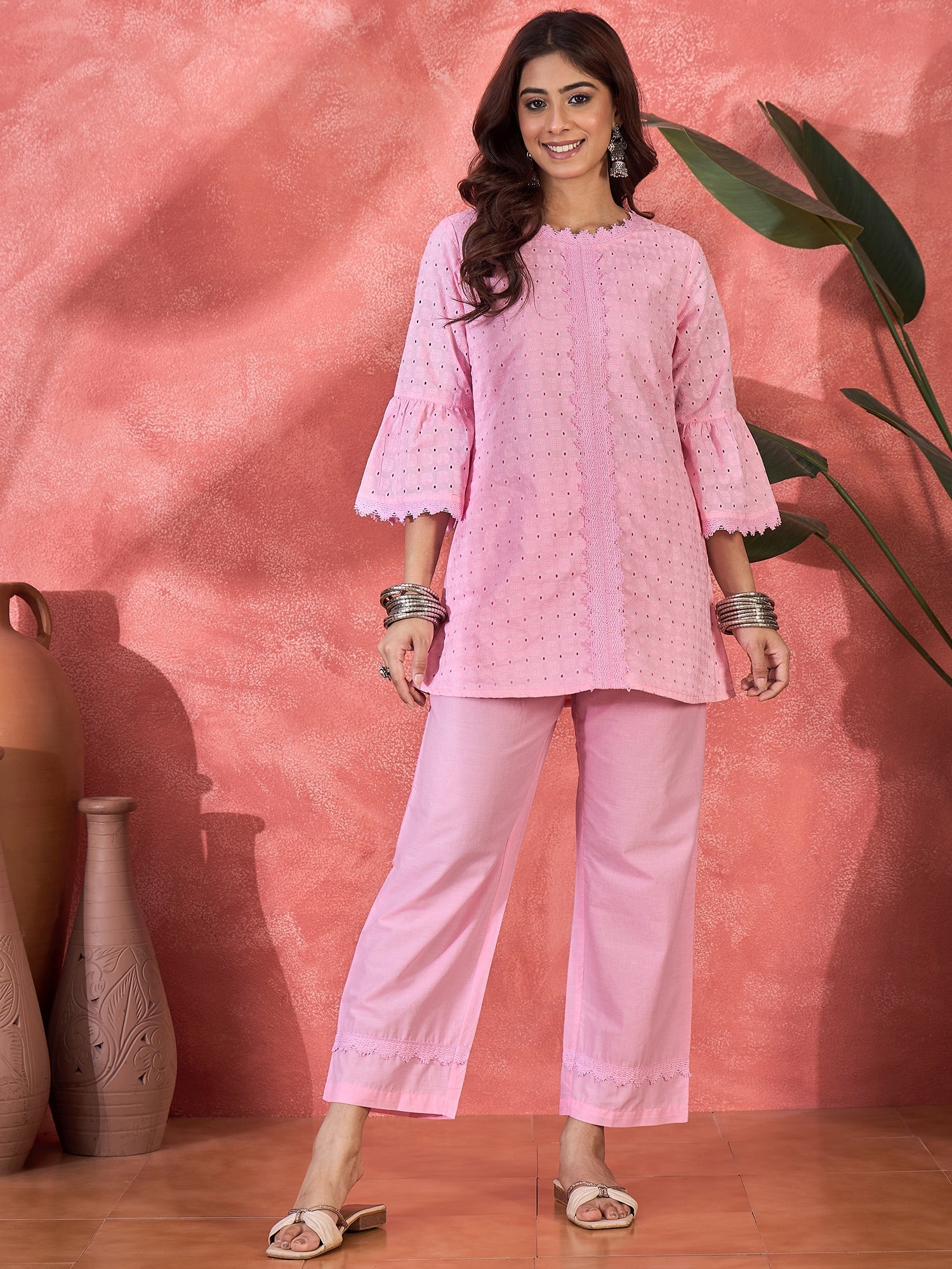 Joban Fashion Pink Cotton Embroidery Readymade Kurta Set