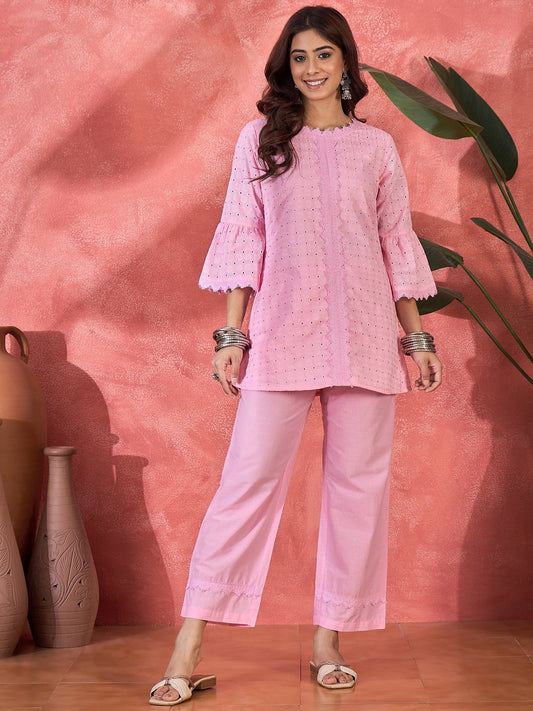 Joban Fashion Pink Cotton Embroidery Readymade Kurta Set