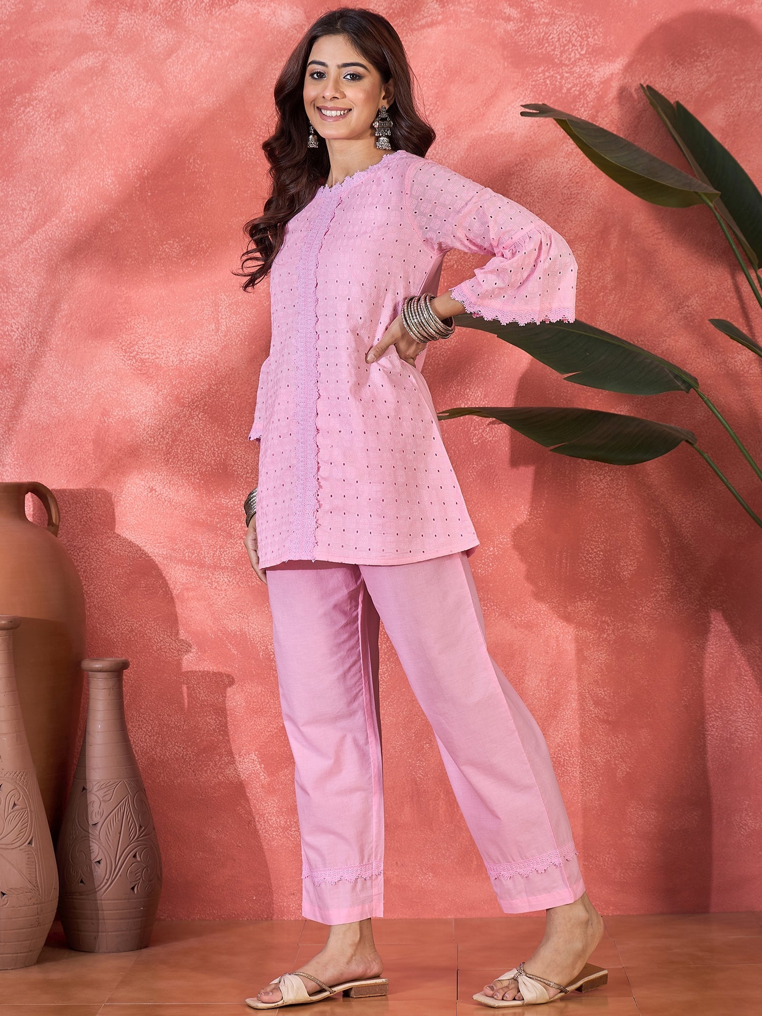 Joban Fashion Pink Cotton Embroidery Readymade Kurta Set