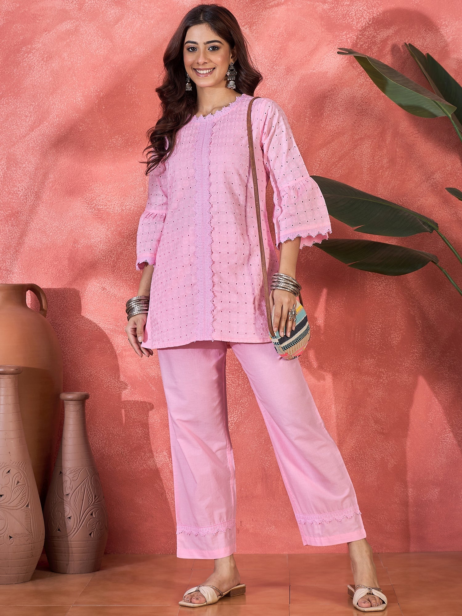 Joban Fashion Pink Cotton Embroidery Readymade Kurta Set