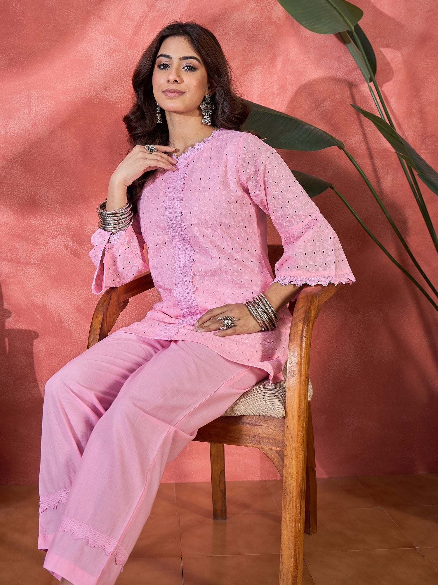 Joban Fashion Pink Cotton Embroidery Readymade Kurta Set