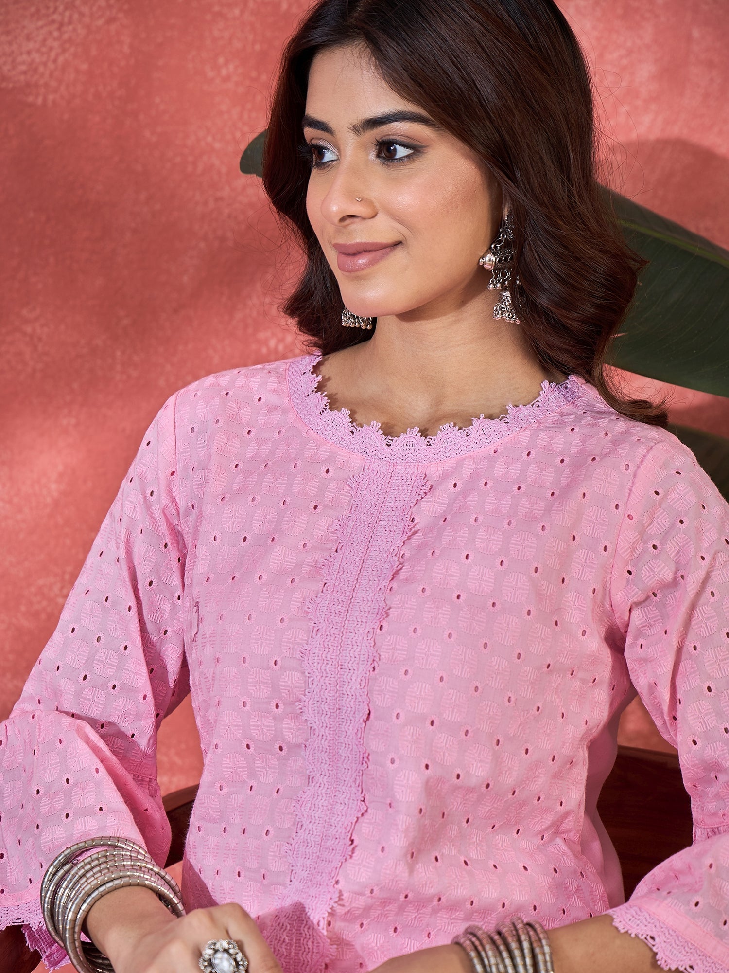 Joban Fashion Pink Cotton Embroidery Readymade Kurta Set