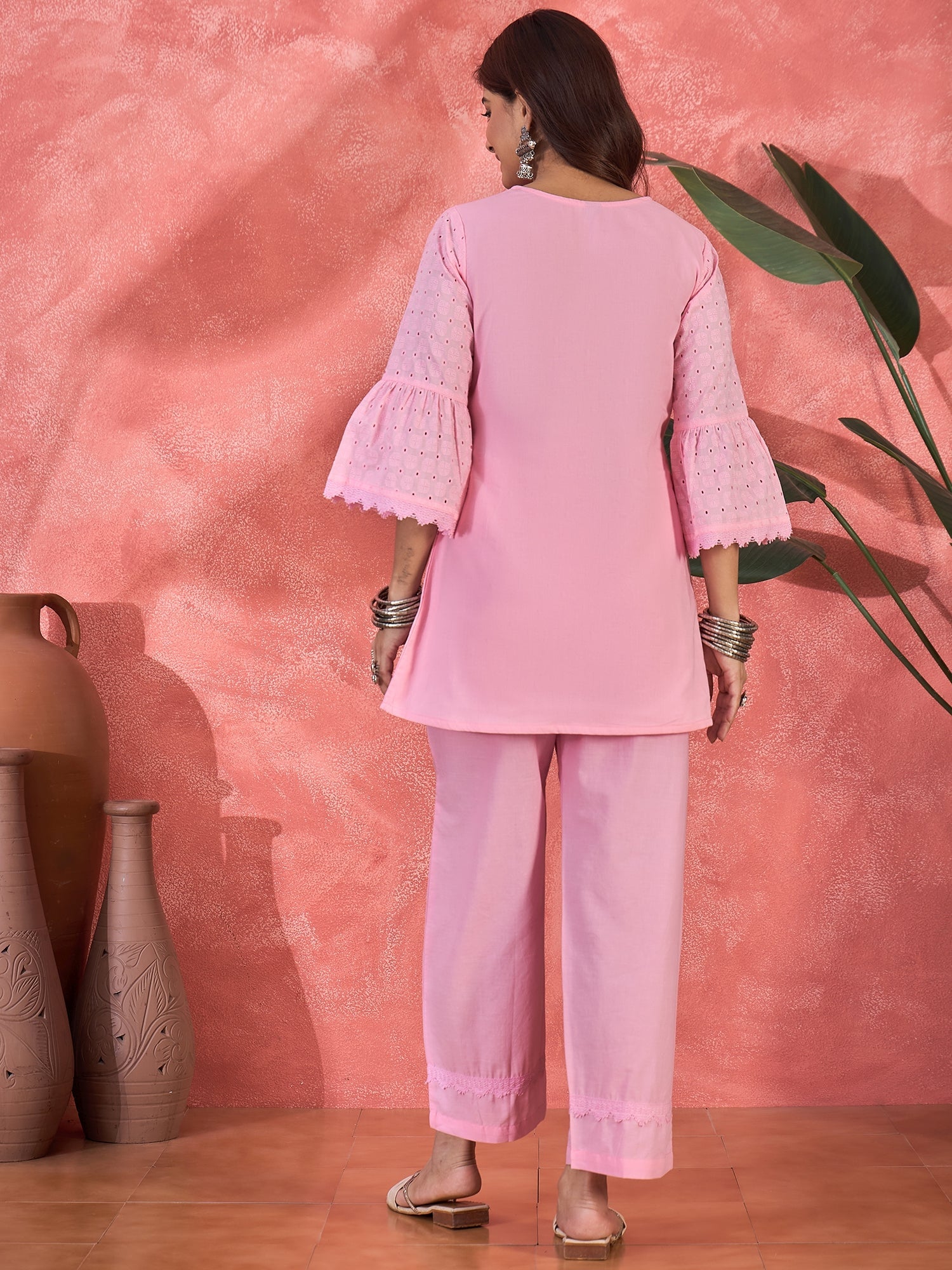 Joban Fashion Pink Cotton Embroidery Readymade Kurta Set