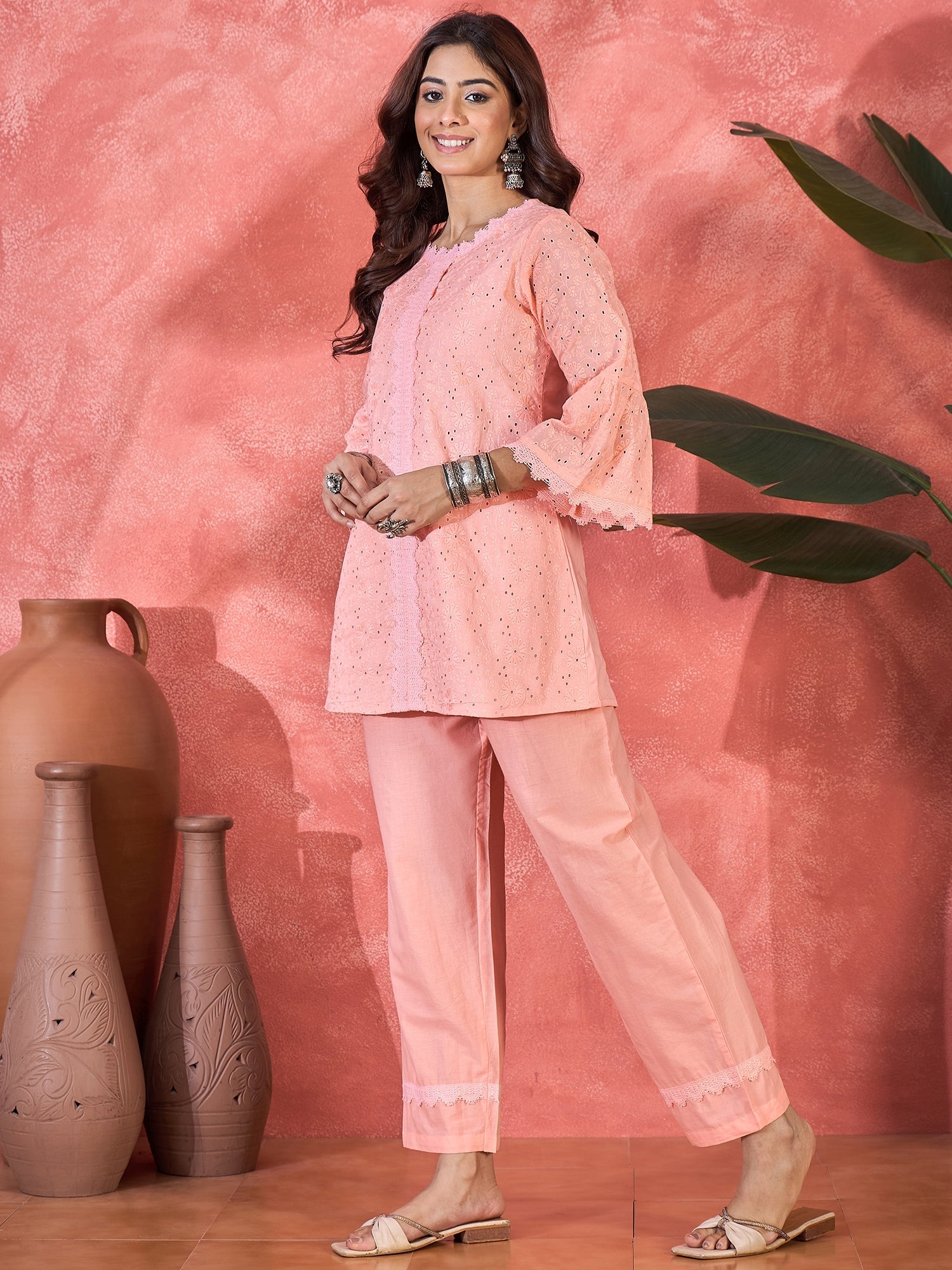 Joban Fashion Peach Cotton Embroidery Readymade Kurta Set
